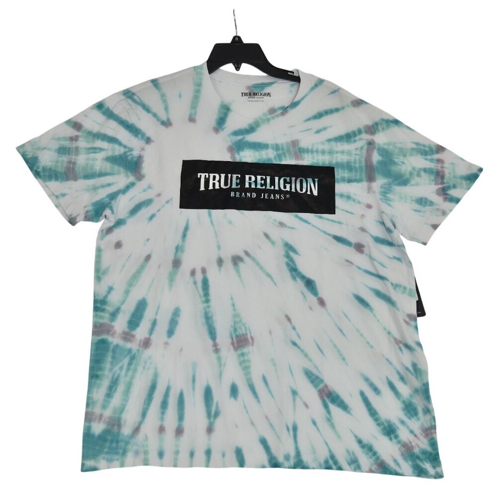 True Religion  T-Shirt Men's Size XXL Crew Neck White Blue Tie Dye Spiral (38)